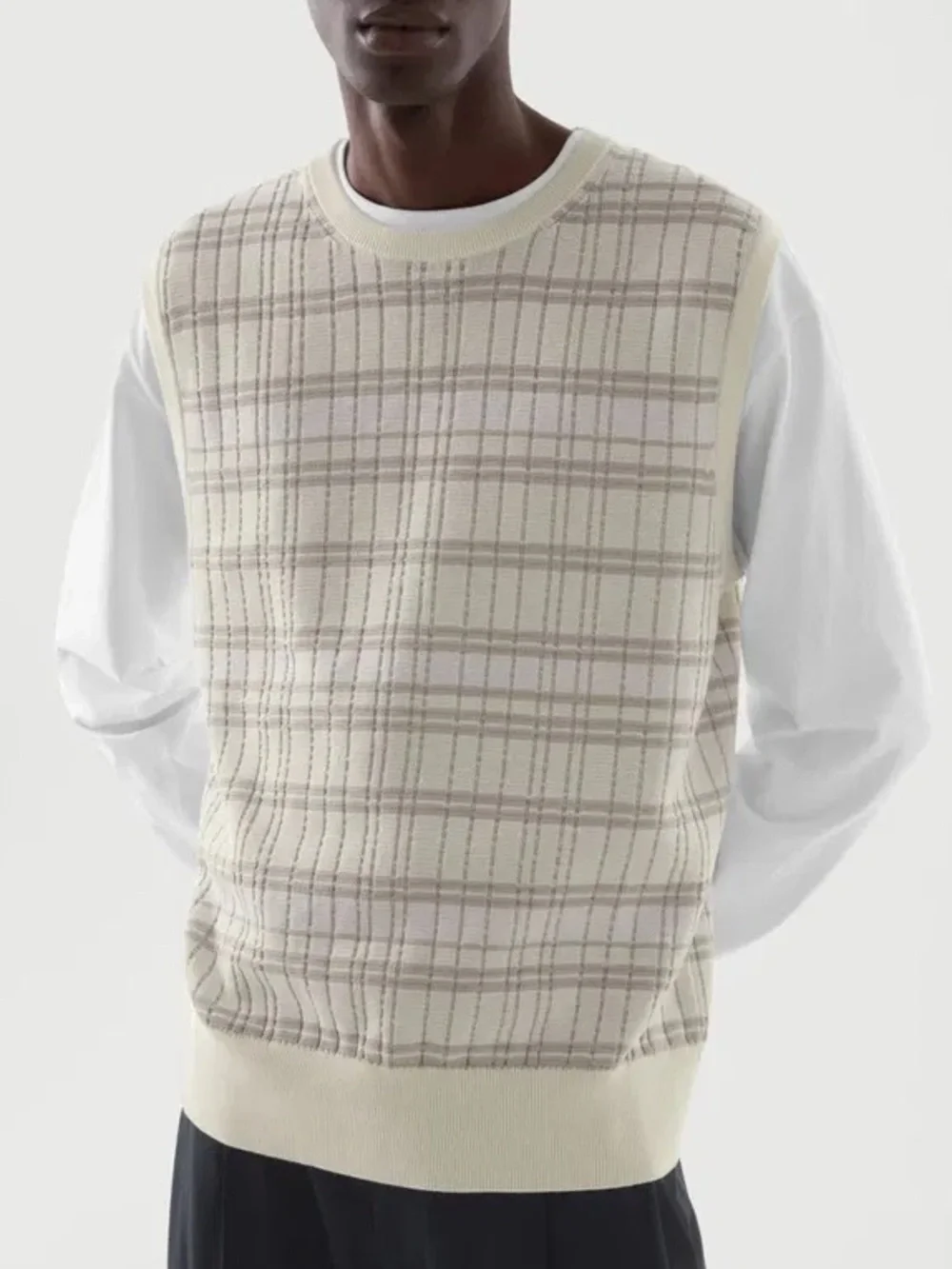 COS Cream and Light Gray Plaid Knit Sleeveless Vest